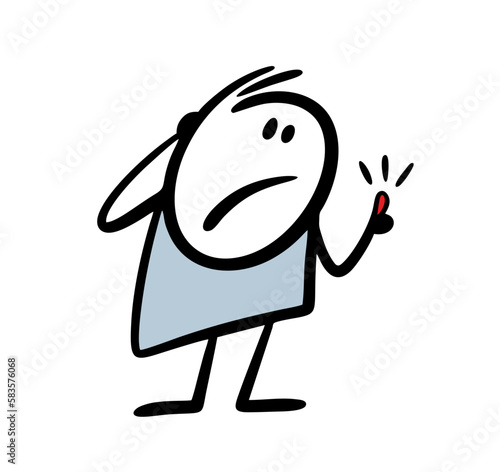 Cartoon awkward master looks at the swollen red finger, which he hit with a hammer.