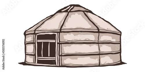 Yurt - nomad's dwelling, life in Central Asia, sketch on a white background