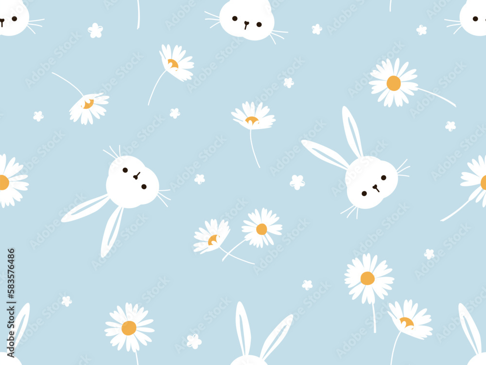 Seamless pattern with bunny rabbit cartoons and daisy flower on blue background vector illustration. Cute childish print.