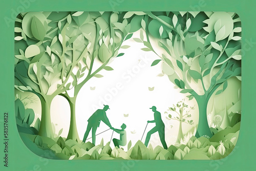 Wallpaper Mural Arbor day banner. Paper cut illustration of two adult silhouettes planting a small tree in nature for greener the world environment Torontodigital.ca