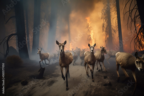 Wild animals run from wildfire. Generative AI