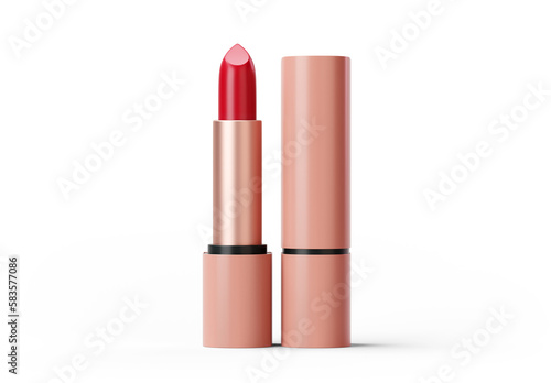 Open and closed red lipstick in beige packaging. Isolated on a transparent background. Makeup product. 3d render