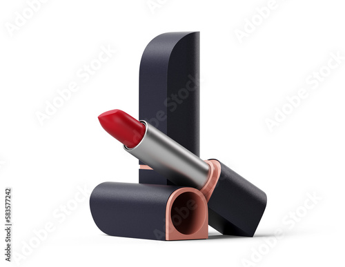 Open red lipstick in black packaging with lid. Isolated on transparent background. Makeup product. 3D render photo