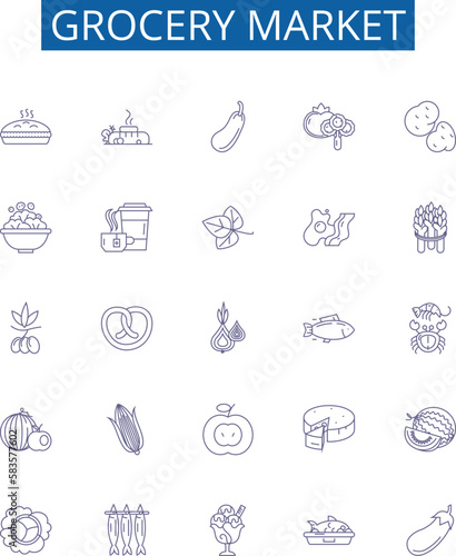 Grocery market line icons signs set. Design collection of Groceries, Market, Supermarket, Shopping, Fruits, Vegetables, Dairy, Staples outline concept vector illustrations