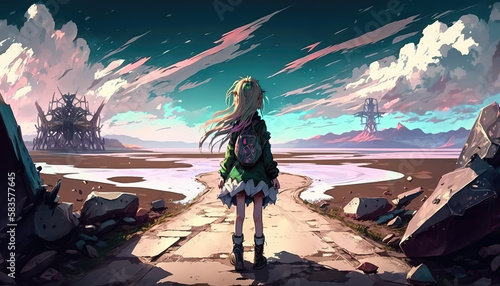 a lonely little girl standing on a road in a fantasy world, anime manga artwork