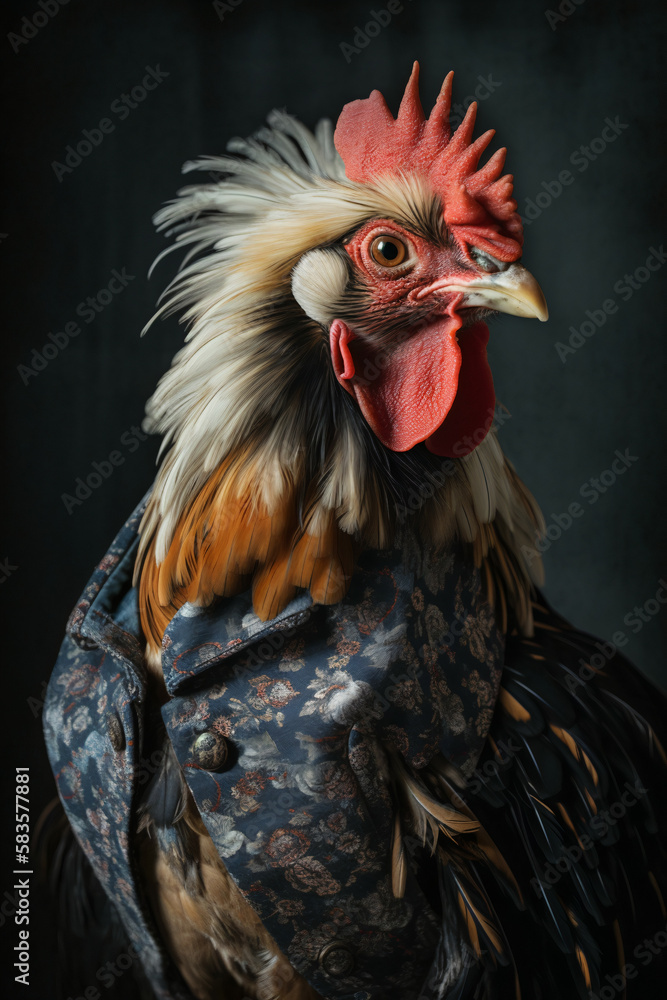 Super elegant rooster wearing a gilet. AI Generative.