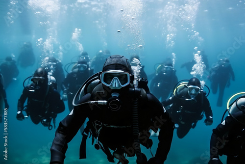 Photo Many scuba divers looking at you. AI Generative.