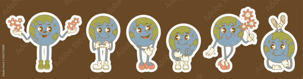 Save the planet stickers in trendy retro cartoon style. World Environment Day. Cute Earth character and mascot. Save the planet stickers in trendy retro cartoon style. World Environment Day. Cute Earth character and mascot.