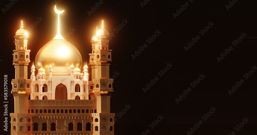 3D Render golden mosque for ramadan banner background