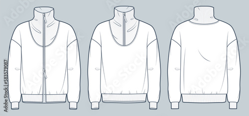 Set of Sweatshirt technical fashion illustration. Roll neckline Sweatshirt fashion flat technical drawing template, oversize, zip-up, ribbed, front and back view, white, women, men, unisex CAD mockup.
