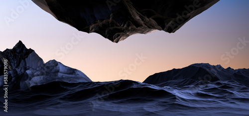 Fototapeta Naklejka Na Ścianę i Meble -  Mountains abstraction minimalism landscape. Relief stone peaks against the sky. 3D render.
