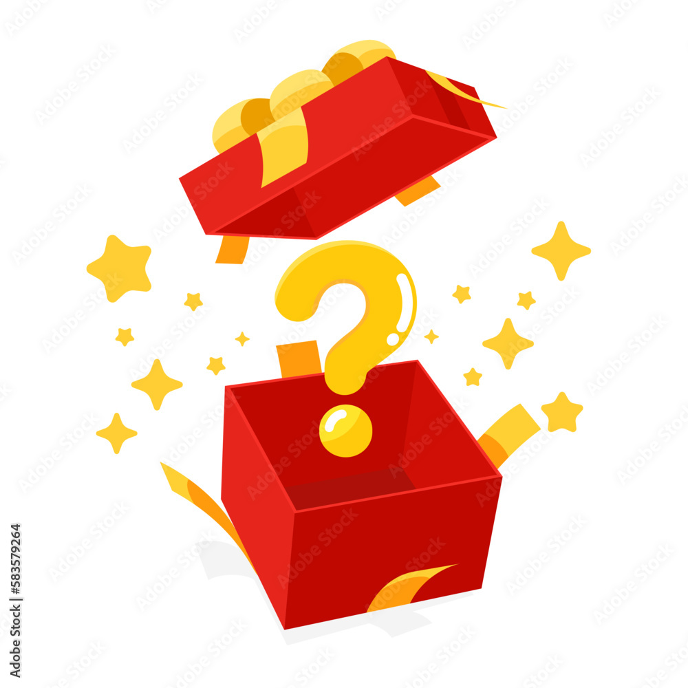 Red mystery gift box with a yellow ribbon on white background. Random secret loot box isometric concept. Vector illustration cartoon flat design. - obrazy, fototapety, plakaty 