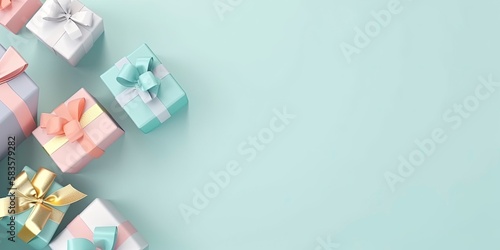 Gift box with colorful ribbons. Top view photo colorful present boxes isolated on blue background with copy space. Generative AI © Neda Asyasi