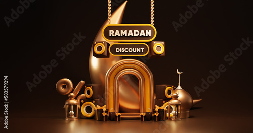 banner Ramadan sales with showcase empty display podium with drum, curtain, hanging lantern, bright,for greeting card, islamic new year, Ramadan kareem, eid mubarak background. 3d rendering photo