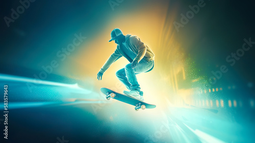young man playing jumping on skateboard in gradient color.generative ai images © Limitless Visions