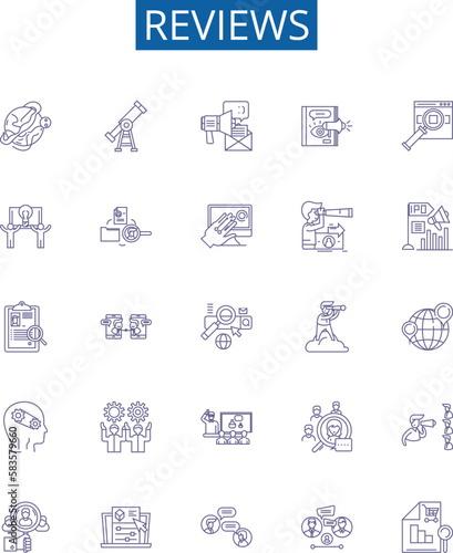 Reviews line icons signs set. Design collection of Reviews, Comment, Feedback, Analysis, Evaluate, Judge, Perception, Appraise outline concept vector illustrations