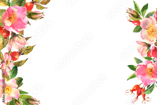 Watercolor illustration, floral banner arranged from leaves, flowers and berries rose hip. Dog rose frame. Stylish fashion frame. Wedding design