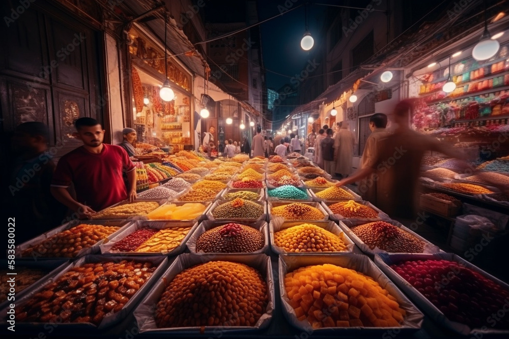 colorful oriental bazaar with traditional goods on a busy evening street. Generative AI