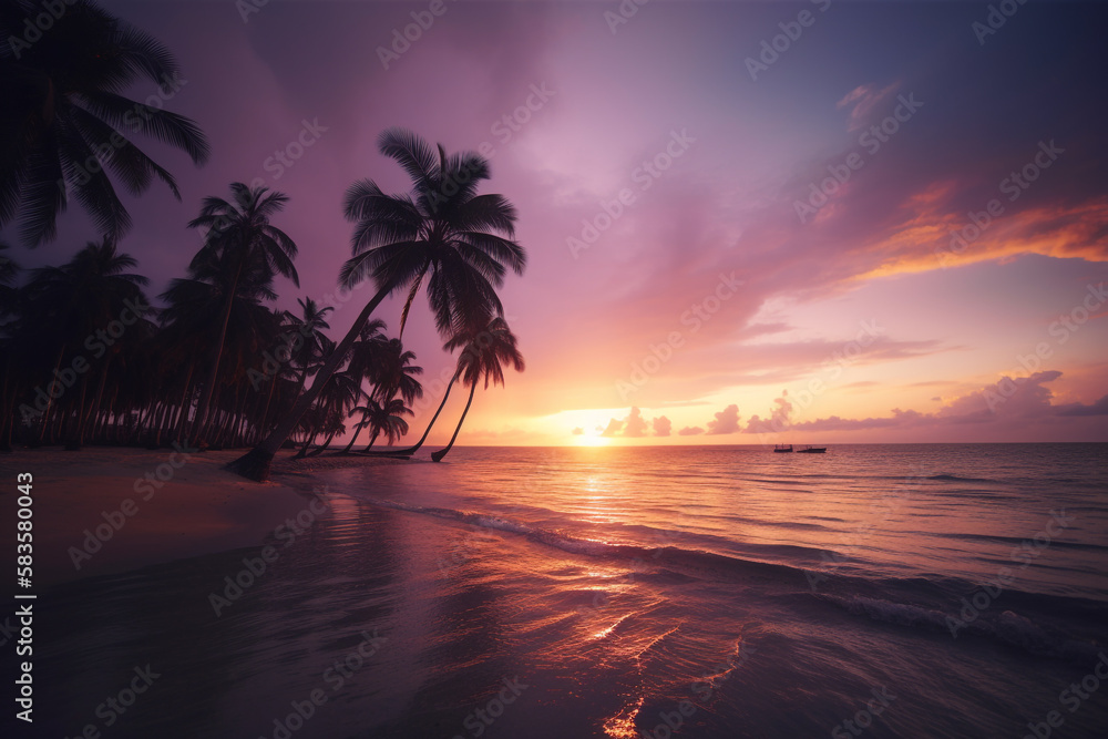 colorful sunset over a tropical beach. Generative AI