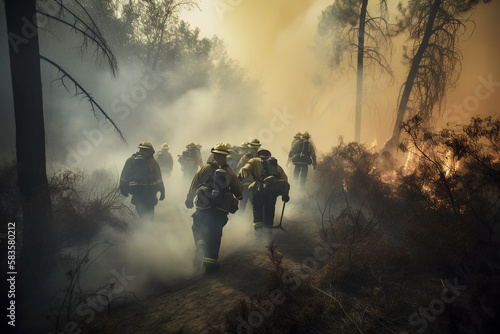 team of firefighters put out a fire in the forest. Generative AI