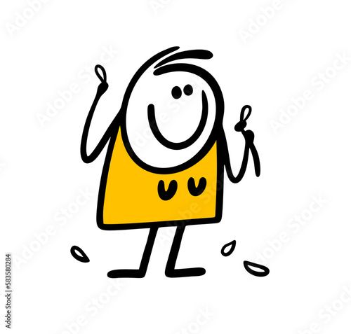 Doodle happy woman tears off the petals of a daisy flower and guesses at her lover.