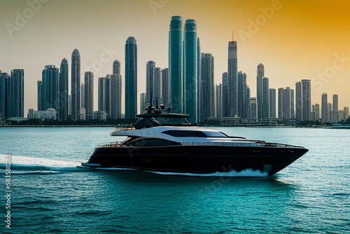 Yacht in sea with turquoise water. Walk on a yacht in ocean along coastline with hotel buildings and apartments. Buildings and skyscrapers near ocean coastline. Ai Generative illustration