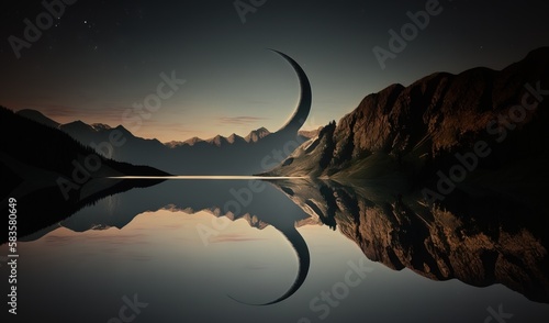  a mountain range with a crescented moon reflecting in the water. generative ai
