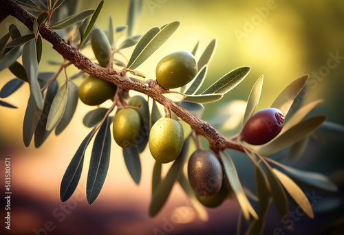 Olive tree. Olives close-up. Green olives with leaves on a branch in Spain farm. Olives harvest on olive plantations in Tuscany. Olive harvesting in farm season. Ai Generative illustration.