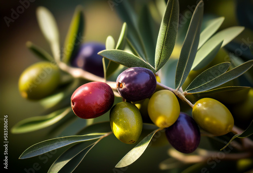 Olive tree. Olives close-up. Green olives with leaves on a branch in Spain farm. Olives harvest on olive plantations in Tuscany. Olive harvesting in farm season. Ai Generative illustration.