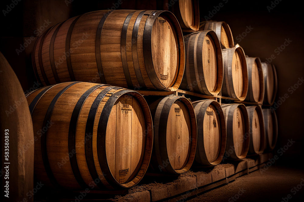 Wine cellar with Wine barrels. Grape barrels in old wine storage. Wooden oak barrels with whiskey in storage. Vintage Wine in an old barrel. Storage of whiskey. Barrel storage of rum, Ai Generate