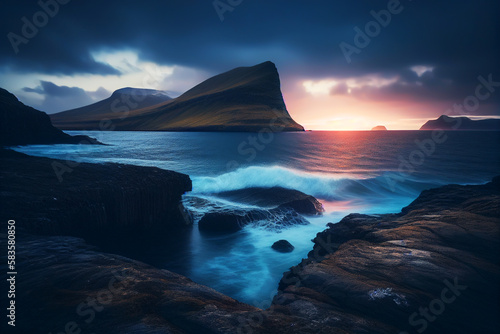 Faroe Islands at dawn. North Atlantic islands of the Kingdom of Denmark. Faroese Danish islands. Travel on archipelago mountains island. Epic weekend in Faroe Islands. Fantastic landscape. AI Generate