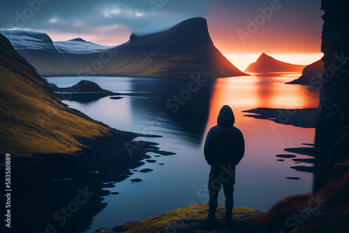 Faroe Islands at dawn. North Atlantic islands of the Kingdom of Denmark. Faroese Danish islands. Travel on archipelago mountains island. Epic weekend in Faroe Islands. Fantastic landscape. AI Generate