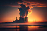 Nuclear power plant at sunset Generate electricity. Dusk, Nuclear chimneys smoke. Pollute air. Smoke pipes of industrial plant in environment. Thermal power station with nuclear reactor. AI Generative