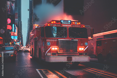 Fire Truck in New york. Firefighters Rescue after Fire Alarm went off at building. Firemen at apartment fire. Accodent on Street in NYC, firefighters and extinguish fire, Ai Generative illustration.