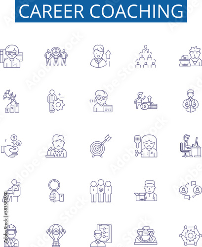 Career coaching line icons signs set. Design collection of Career, Coaching, Mentoring, Advice, Counseling, Goals, Development, Cover Letter outline concept vector illustrations