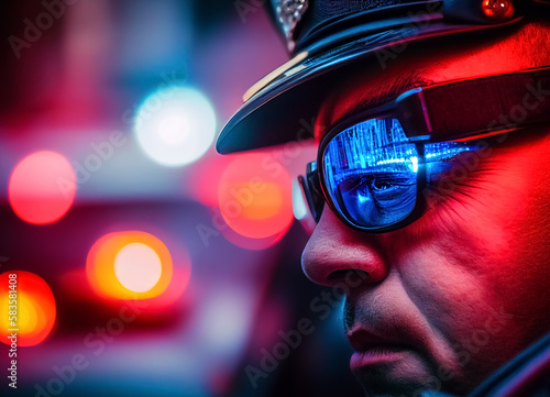 Police officer with Police lights in New York. Red and Blue Police lights, Policeman in sunglasses with Police lights reflection. Emergency vehicle lighting. LED blinker flasher in NYC. Ai Generated. © MaxSafaniuk