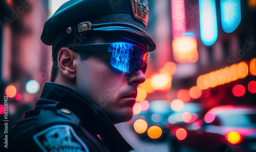 Police officer with Police lights in New York. Red and Blue Police lights, Policeman in sunglasses with Police lights reflection. Emergency vehicle lighting. LED blinker flasher in NYC. Ai Generated.