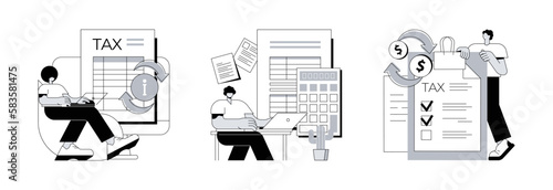 Tax filing abstract concept vector illustration set. Provide and update your personal information, report your income, claim documents, tax credits and expenses, financial report abstract metaphor.