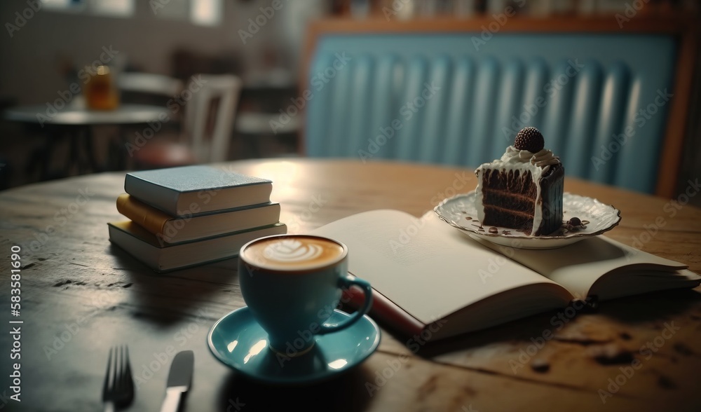 a cup of coffee sitting next to a book and a piece of cake. generative ai a cup of coffee sitting next to a book and a piece of cake. generative ai