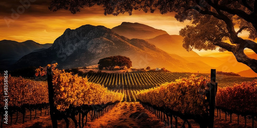 Vineyards against backdrop of mountains sunset.