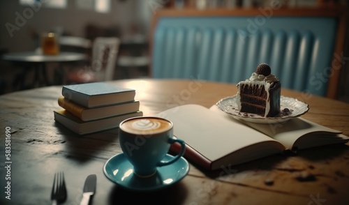  a cup of coffee sitting next to a book and a piece of cake. generative ai