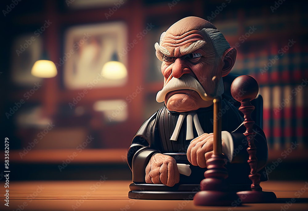 Cartoon character judge with a judge gavel in courtroom. Angry cartoon