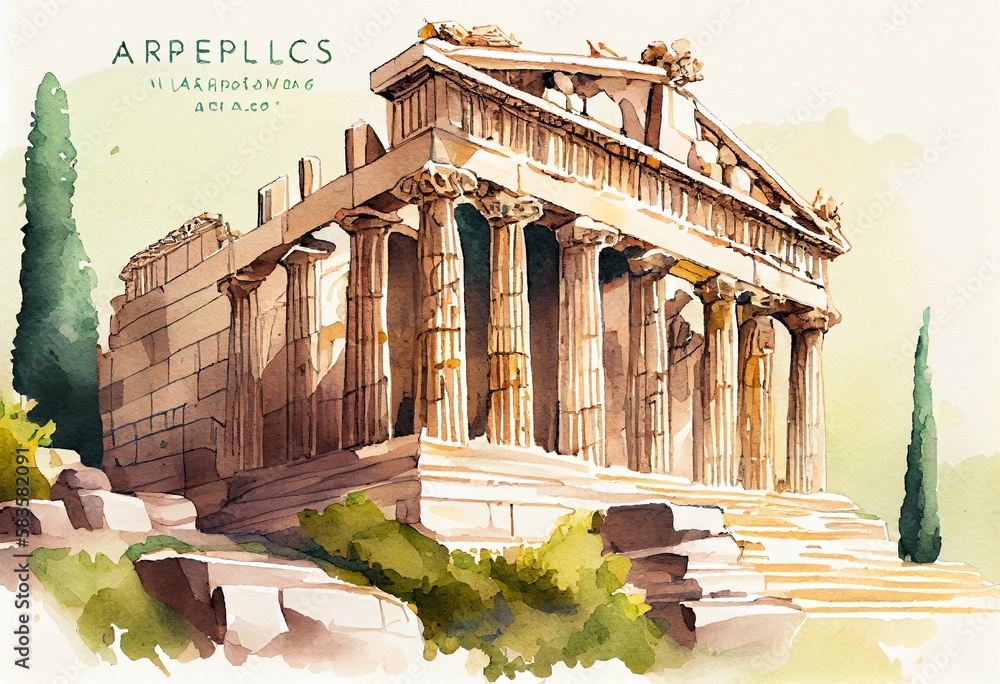 Obraz premium Watercolor Illustration of a Acropolis Of Athens In Greece. Banner Illustration. Illustration. Generative AI