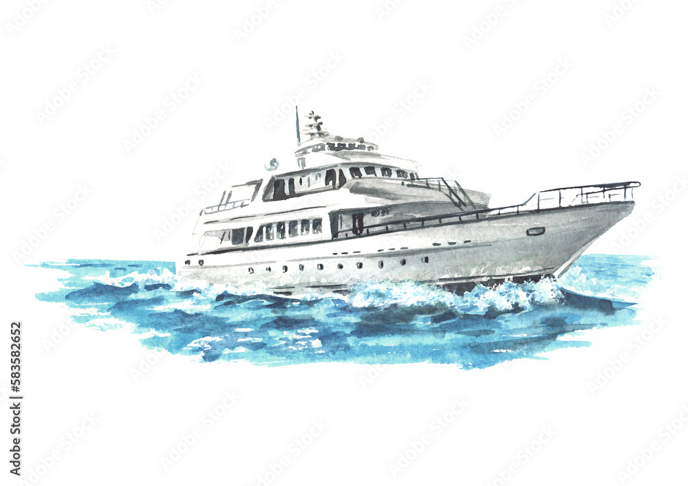 Sea boat, yacht. Hand drawn watercolor illustration  isolated on white background