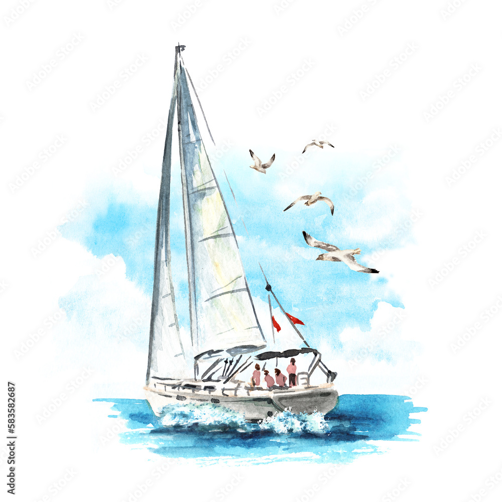 Naklejka premium Sailboat, sailing yacht on the waves and seagulls. Hand drawn watercolor illustration isolated on white background