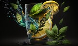  a glass of water with lemon slices and leaves in it.  generative ai