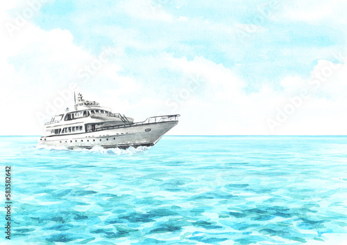 Sea boat, yacht on the waves and blue sky, Hand drawn watercolor illustration  isolated on white background
