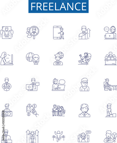 Freelance line icons signs set. Design collection of Freelancer, Contractor, Outsourcing, Remote, Autonomous, Self employed, Gig, Casual outline concept vector illustrations