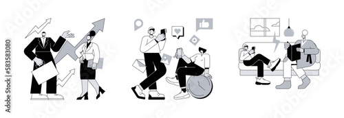 Society development abstract concept vector illustration set. Generation X and Z, young people and parents conflict, generation gap, middle age work-life balance, social media abstract metaphor.