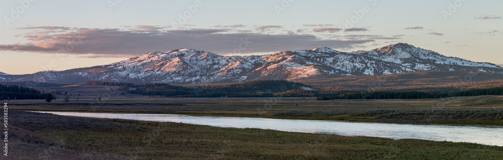 sunset in Hayden Valley on a cold autumn day, Yellowstone National Park, Wyoming, USA